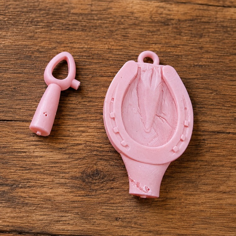 Pink wax model of a hoofprint pendant on the workbench